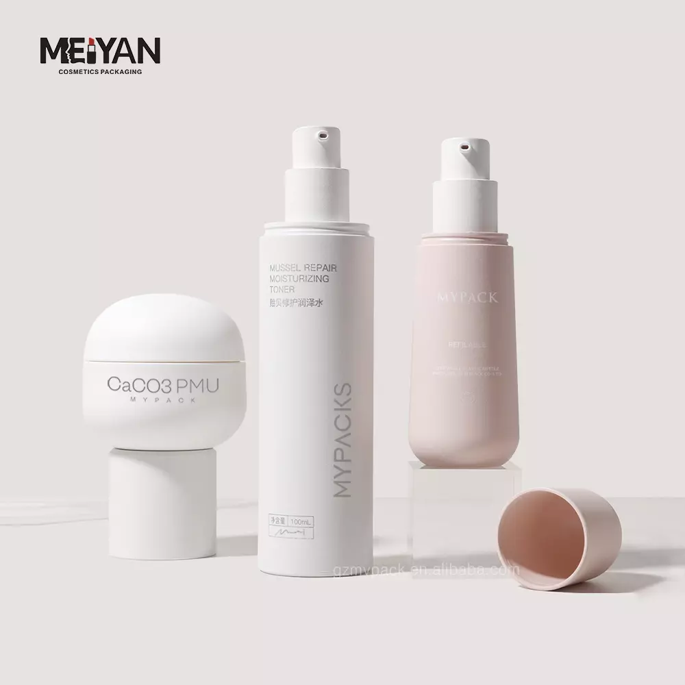 MYPACK custom unique matte white pink 30ml 50g 100g replaceable biodegradable eco friendly cosmetic bottle and jar sets