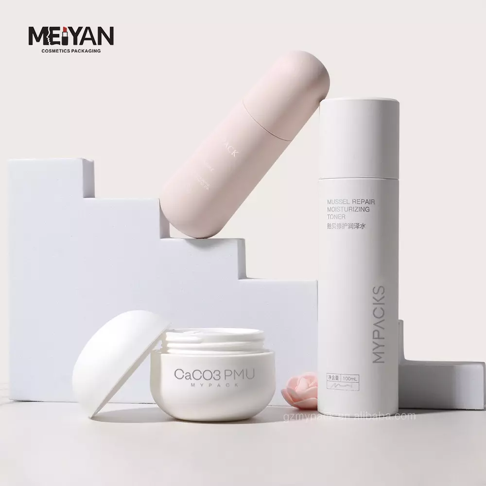 MYPACK custom unique matte white pink 30ml 50g 100g replaceable biodegradable eco friendly cosmetic bottle and jar sets