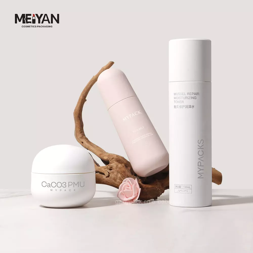 MYPACK custom unique matte white pink 30ml 50g 100g replaceable biodegradable eco friendly cosmetic bottle and jar sets