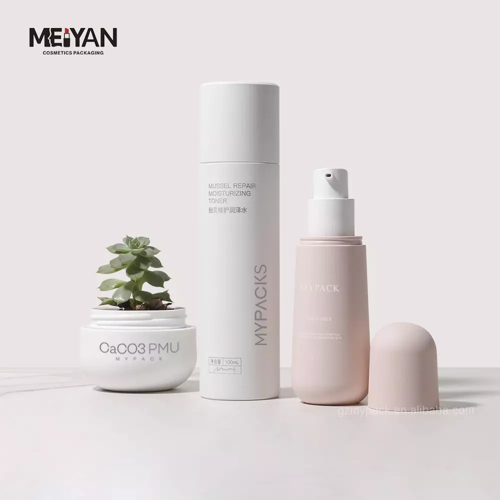 MYPACK custom unique matte white pink 30ml 50g 100g replaceable biodegradable eco friendly cosmetic bottle and jar sets