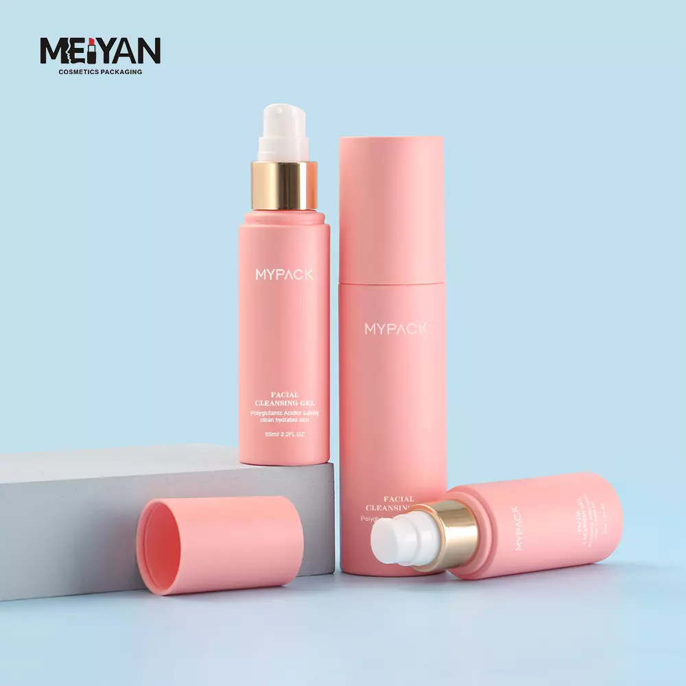 MYPACK custom pet plastic frosted light pink cosmetic skin care packaging 50ml 100ml pink cosmetic essential oil pump bottle