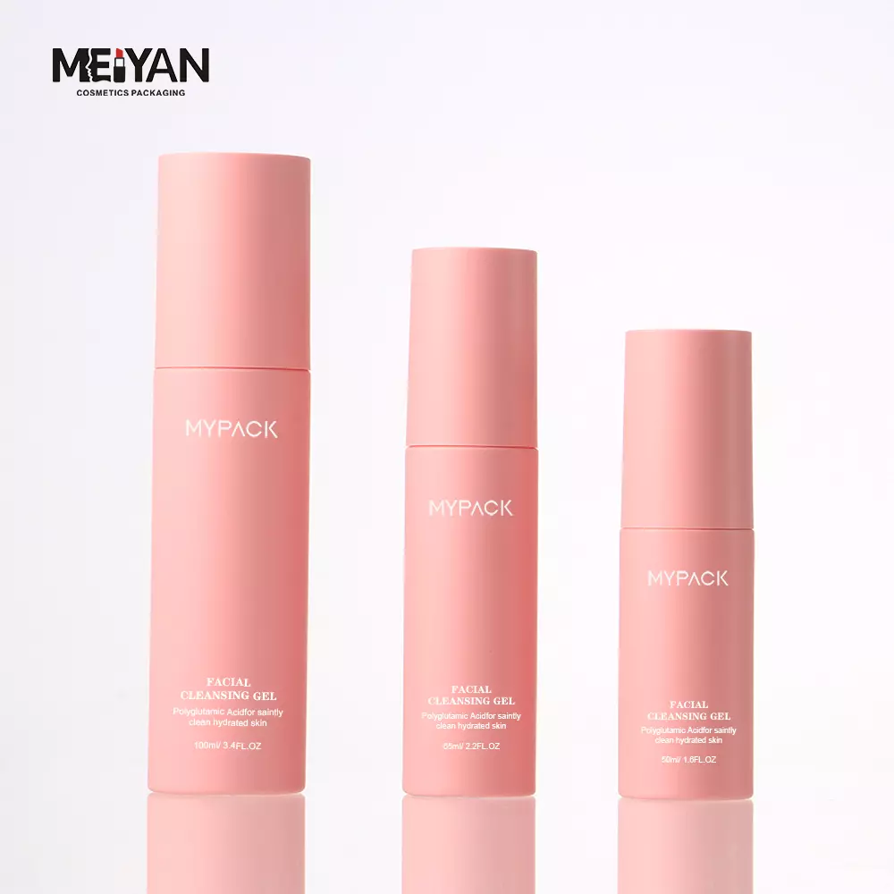 MYPACK custom pet plastic frosted light pink cosmetic skin care packaging 50ml 100ml pink cosmetic essential oil pump bottle