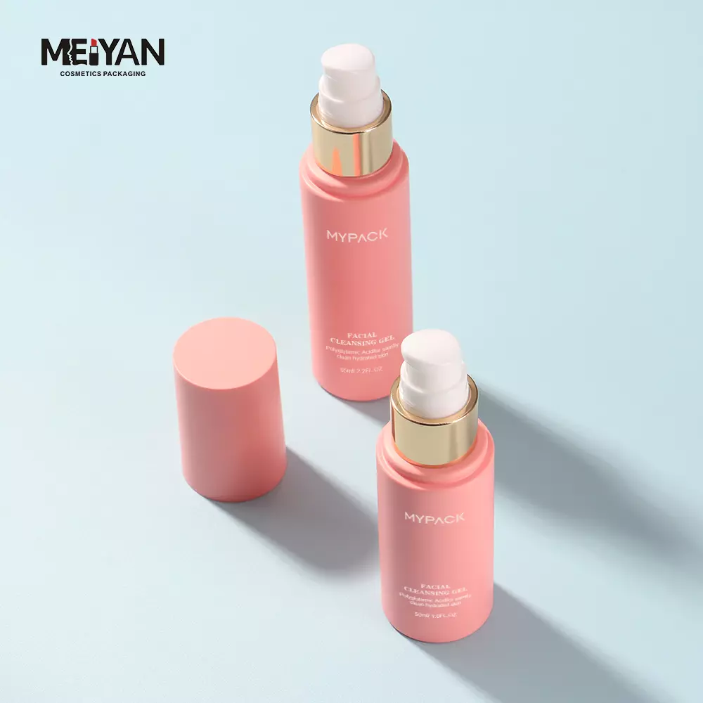 MYPACK custom pet plastic frosted light pink cosmetic skin care packaging 50ml 100ml pink cosmetic essential oil pump bottle