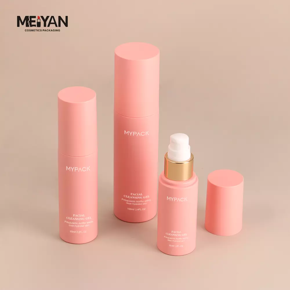 MYPACK custom pet plastic frosted light pink cosmetic skin care packaging 50ml 100ml pink cosmetic essential oil pump bottle