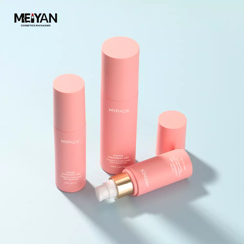 MYPACK custom pet plastic frosted light pink cosmetic skin care packaging 50ml 100ml pink cosmetic essential oil pump bottle