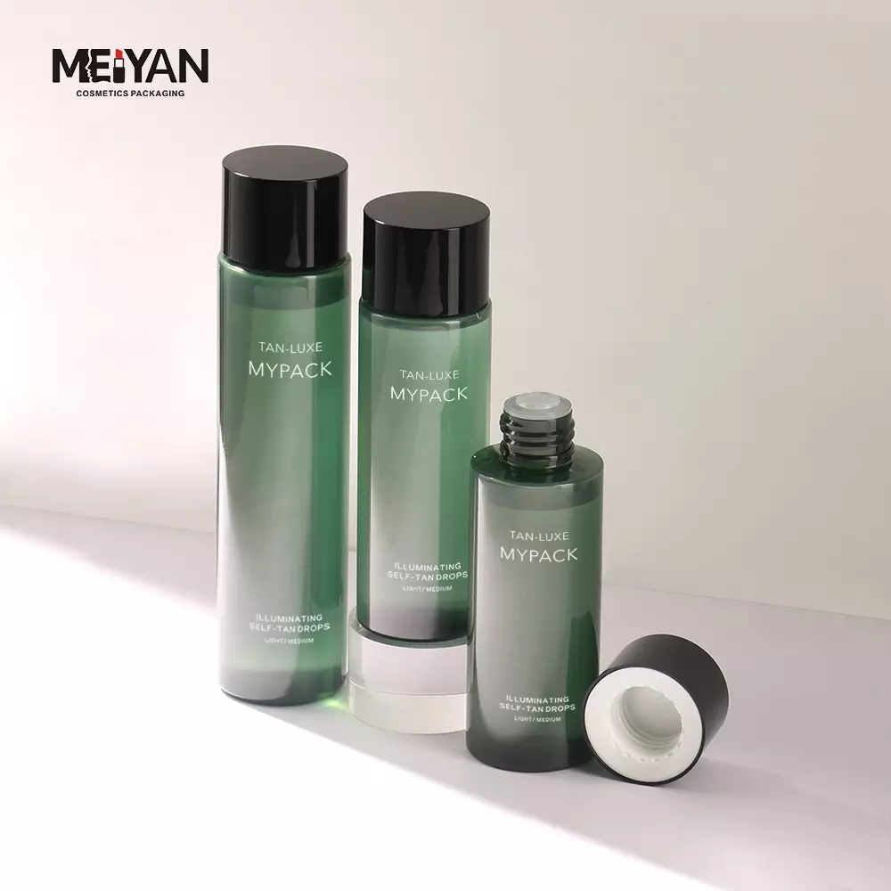 MYPACK custom round 100ml 120ml 180ml pet plastic clear green skincare lotion serum facial toner liquid bottle with screw cap