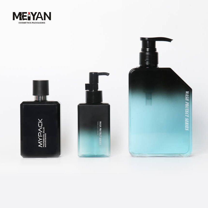 MYPACK luxury petg gradient blue black square plastic shampoo bottle shower gel and conditioner with pump 500ml 750ml