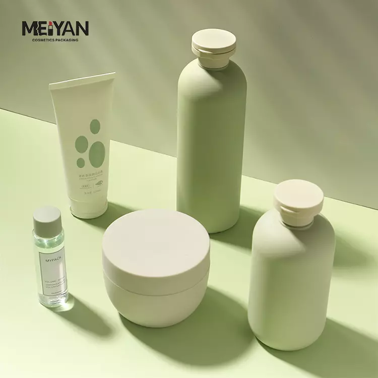 MYPACK soft touch plastic bottle 200ml 250ml 300ml 400ml 500ml refillable green hdpe plastic boston round bottle with flip cap