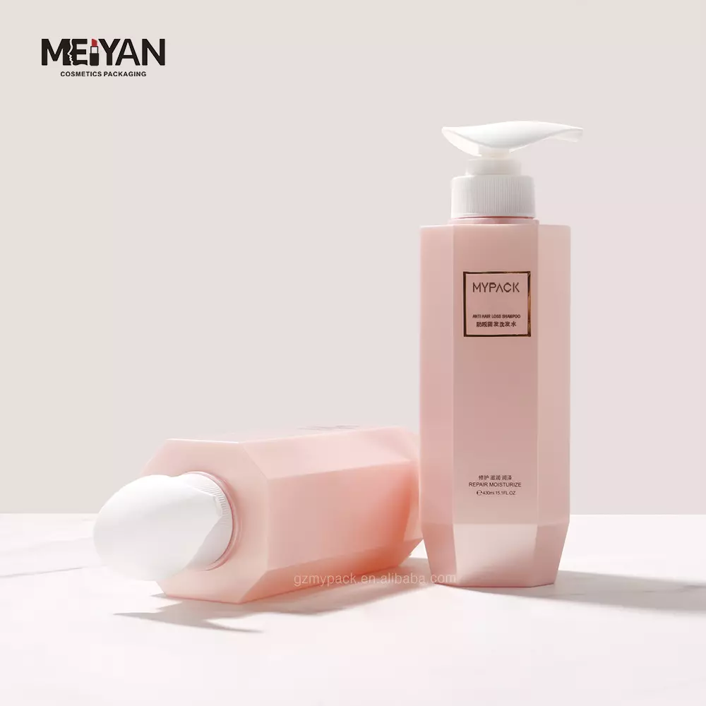 MYPACK recycled pink body wash bottle unique design PETG 400 ml plastic body wash shampoo lotion pump bottle