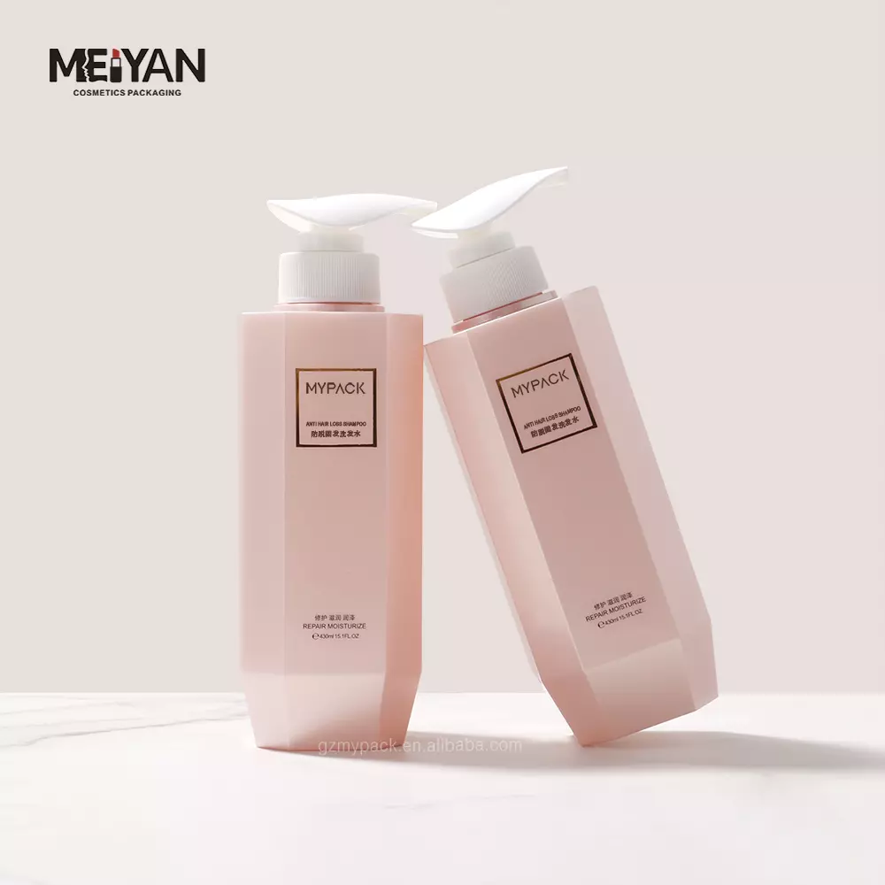 MYPACK recycled pink body wash bottle unique design PETG 400 ml plastic body wash shampoo lotion pump bottle