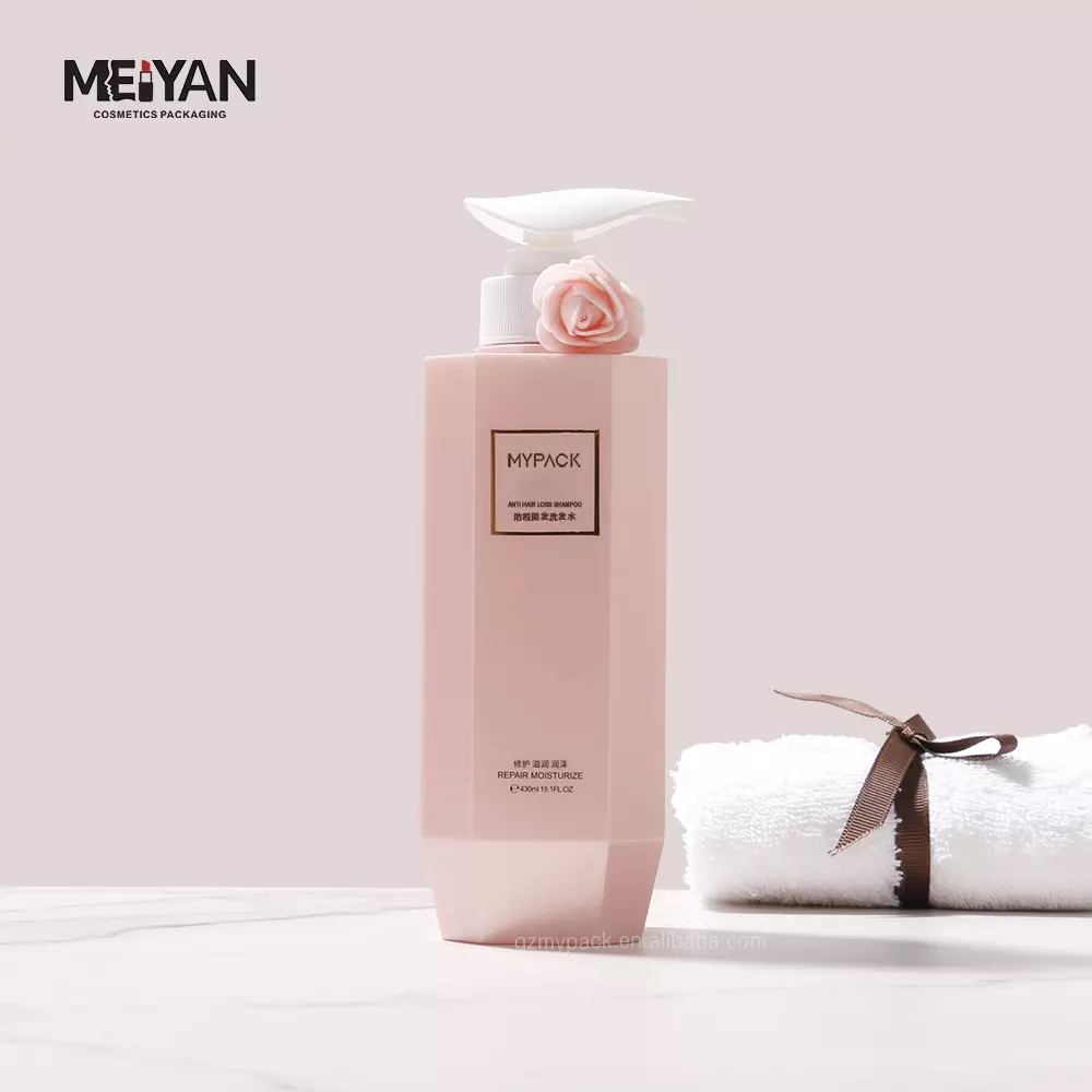 MYPACK recycled pink body wash bottle unique design PETG 400 ml plastic body wash shampoo lotion pump bottle