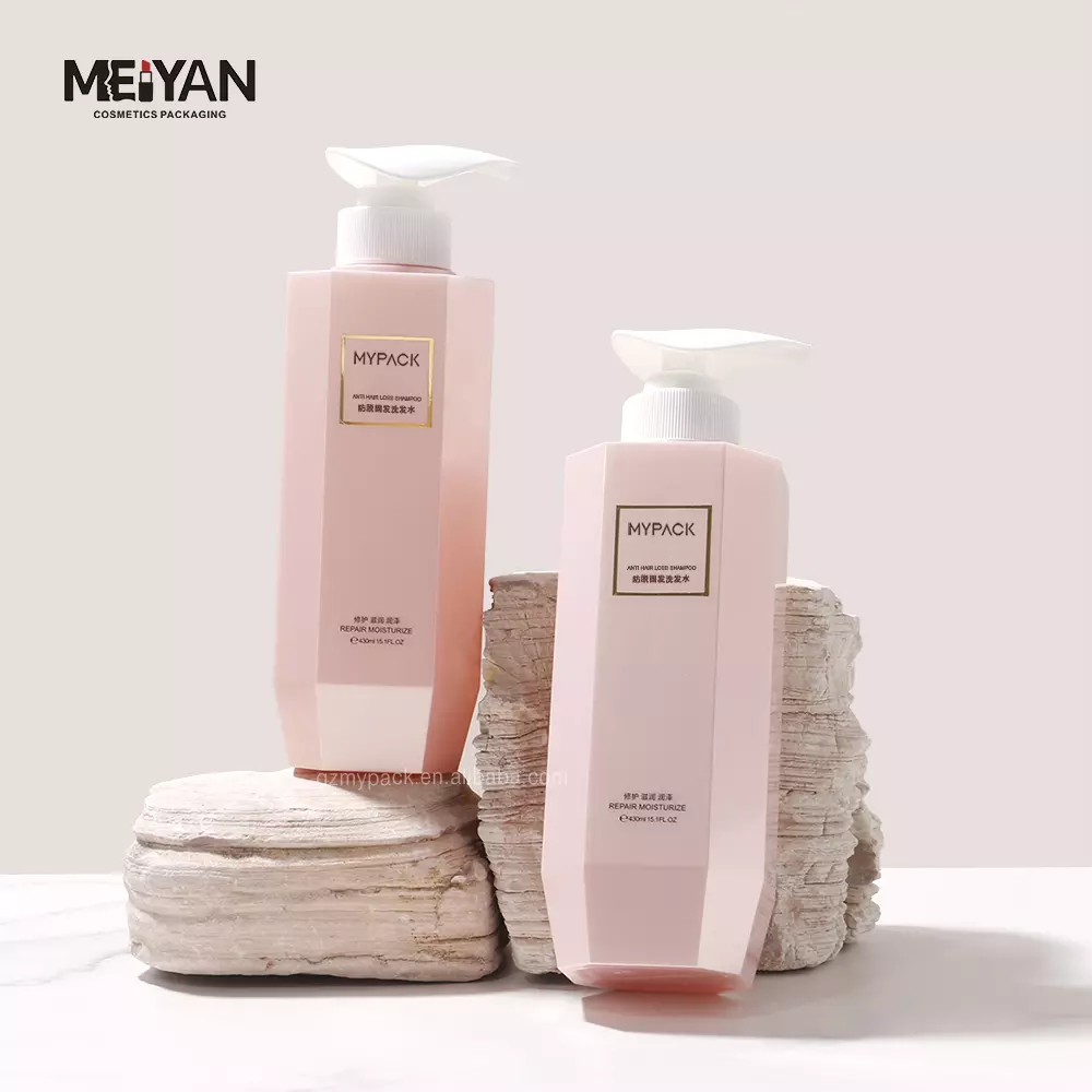 MYPACK recycled pink body wash bottle unique design PETG 400 ml plastic body wash shampoo lotion pump bottle