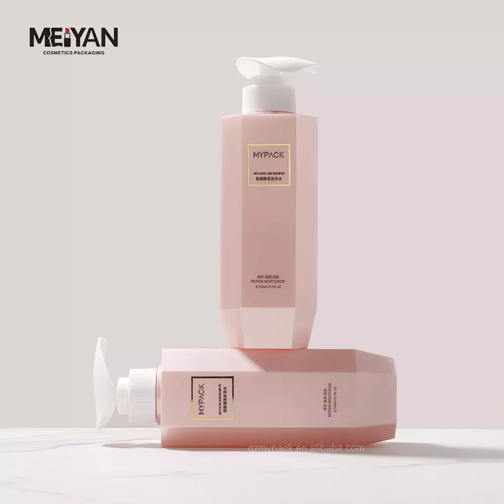 MYPACK recycled pink body wash bottle unique design PETG 400 ml plastic body wash shampoo lotion pump bottle