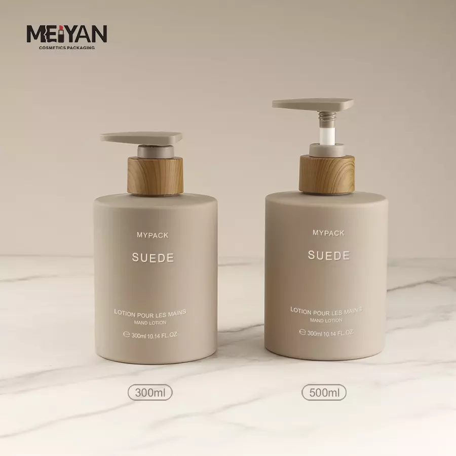 MYPACK luxury eco friendly pet plastic tan matte 300ml soft touch shampoo lotion bottle with bamboo wood pump