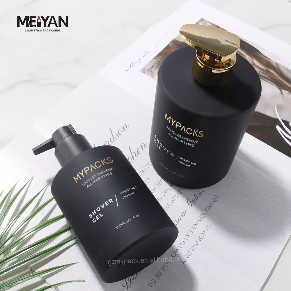 MYPACK luxury empty round matte frosted black plastic bottles for shampoo and body wash hair oil 300ml 500ml