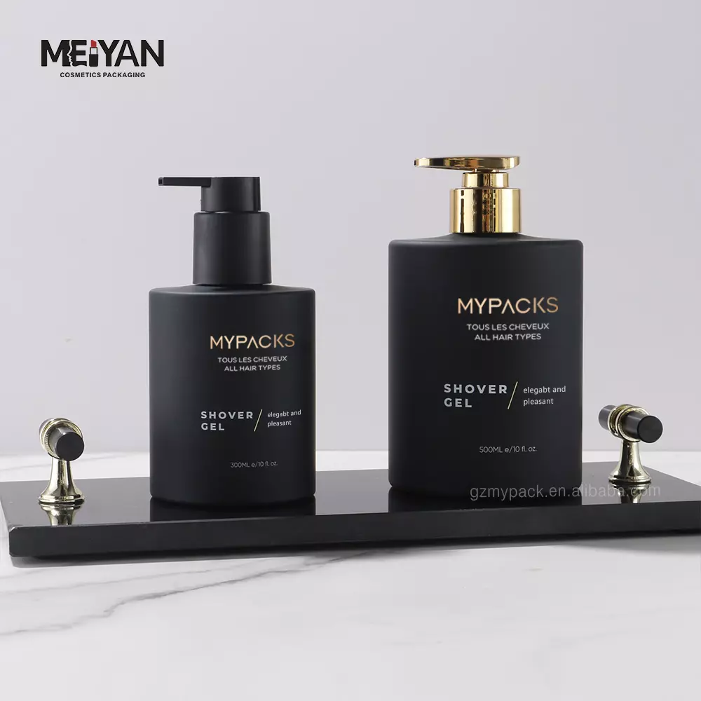 MYPACK luxury empty round matte frosted black plastic bottles for shampoo and body wash hair oil 300ml 500ml