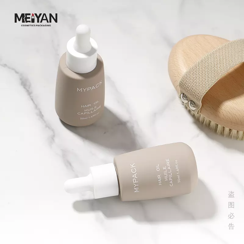 MYPACK suede luxury soft rubber touch customized PETG oil serum cosmetic packaging brown dropper bottle 50ml 60ml