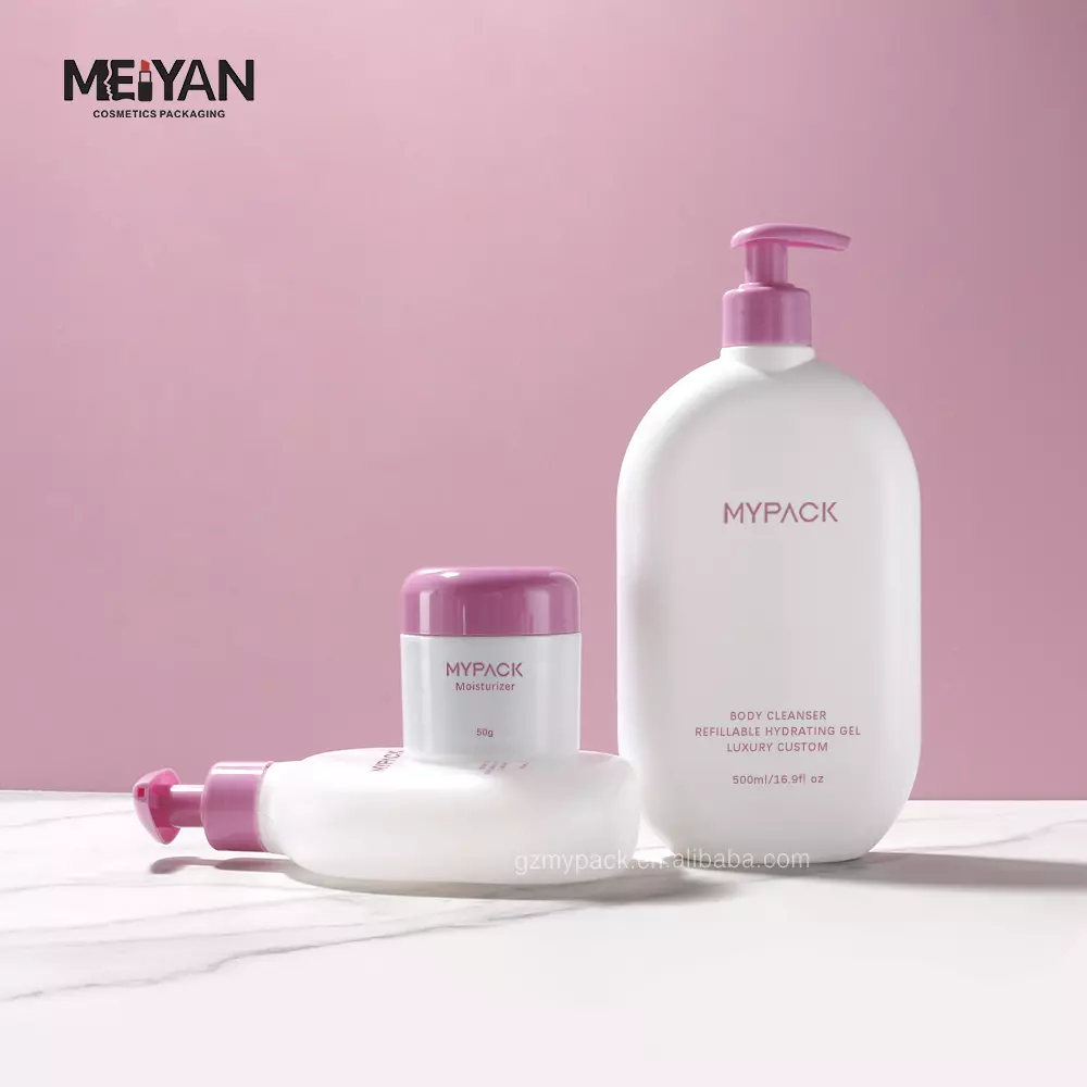 MYPACK customized flat shape hdpe plastic empty 300ml 500ml skin care lotion pump bottle set with 50g cosmetic jar