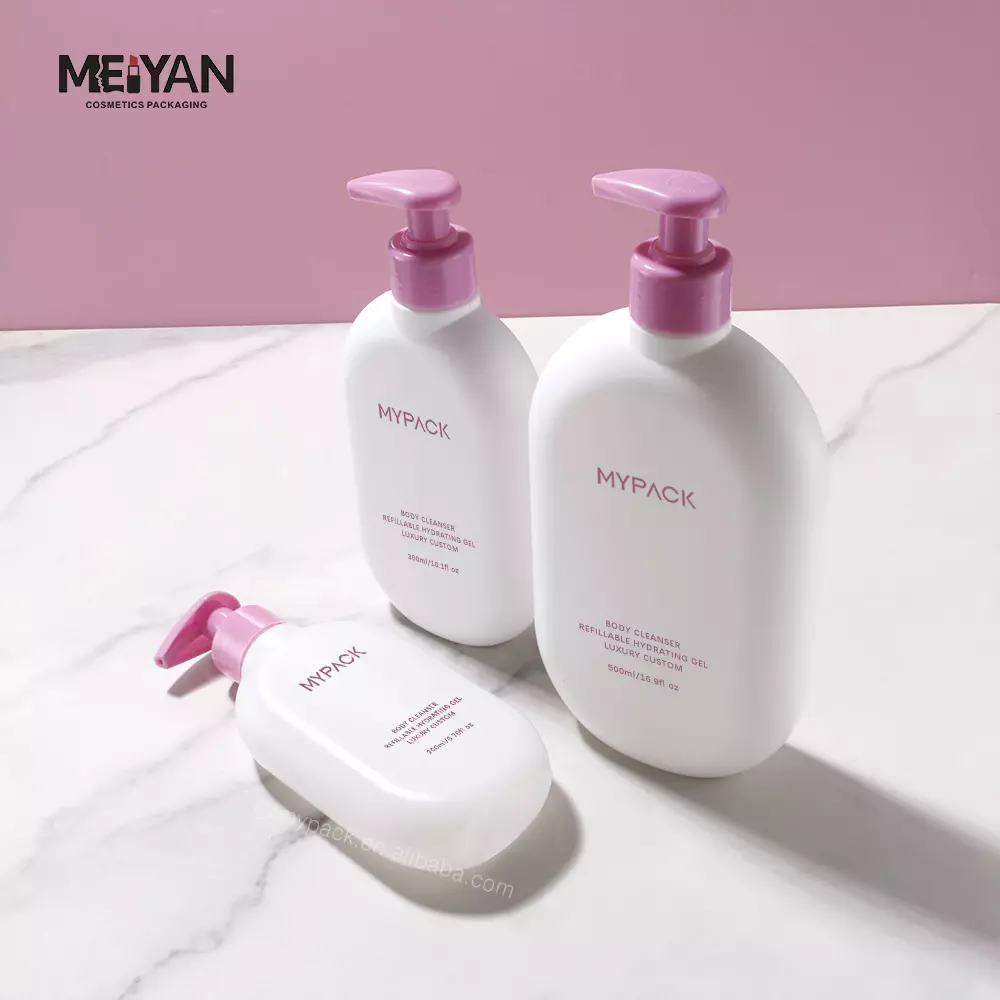 MYPACK customized flat shape hdpe plastic empty 300ml 500ml skin care lotion pump bottle set with 50g cosmetic jar