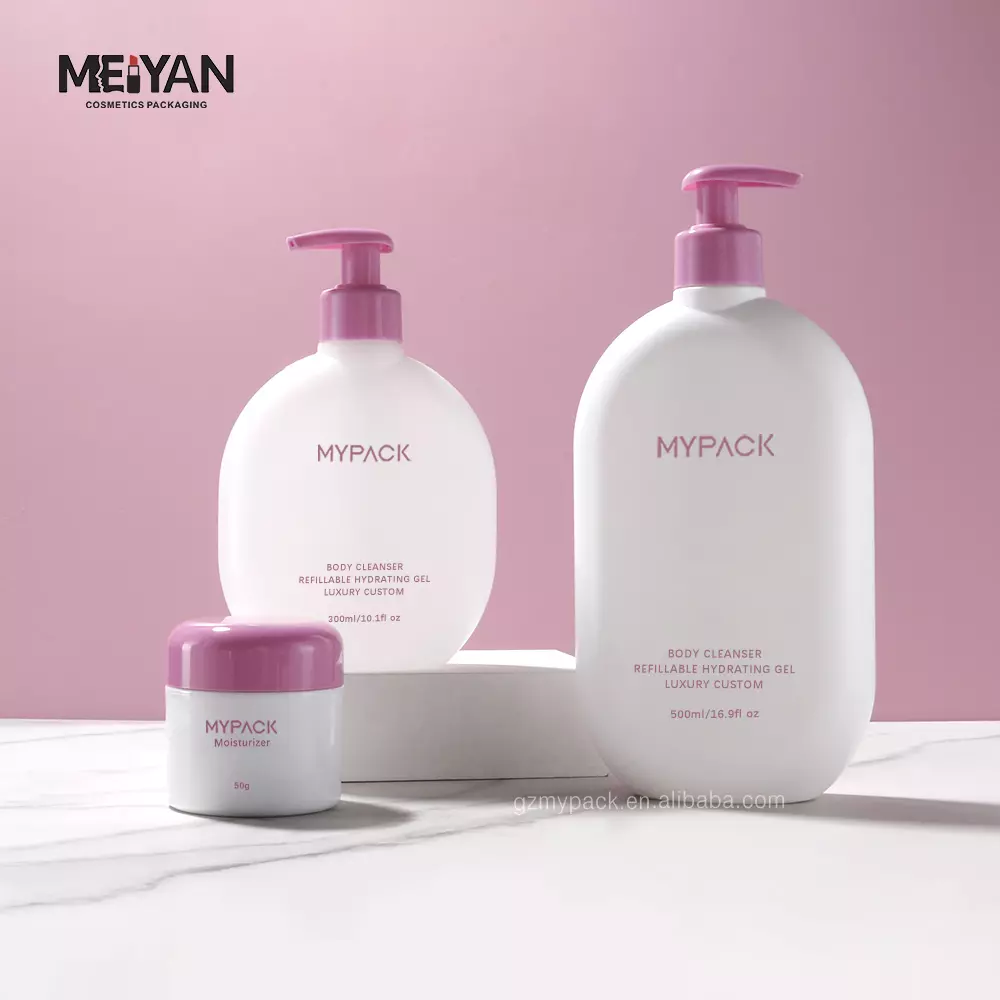 MYPACK customized flat shape hdpe plastic empty 300ml 500ml skin care lotion pump bottle set with 50g cosmetic jar