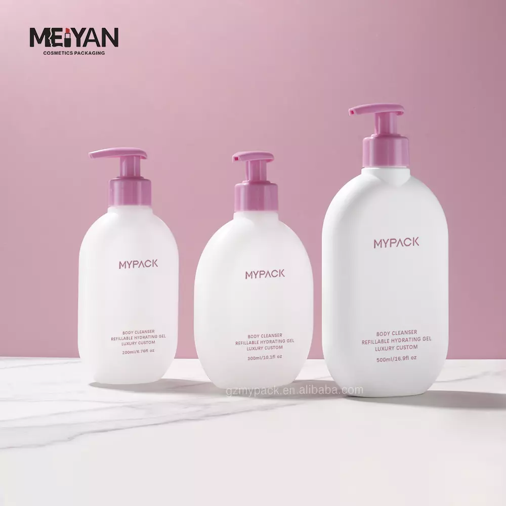 MYPACK customized flat shape hdpe plastic empty 300ml 500ml skin care lotion pump bottle set with 50g cosmetic jar