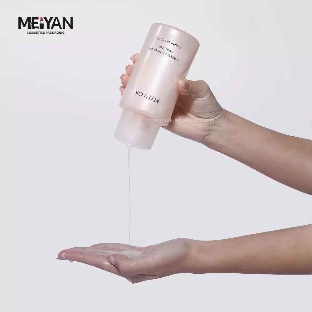 MYPACK luxury beauty clear frosted body hand lotion shower gel shampoo cleanser hair oil packaging pink squeeze bottle 300ml