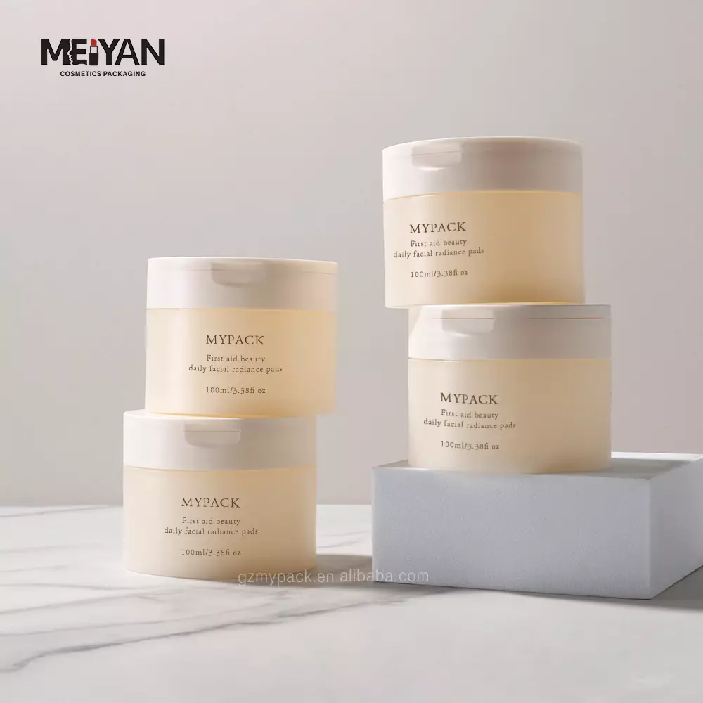 MYPACK luxury round matte pp empty light yellow face cleaning toner cotton pads containers jar with flip top cap 100g 120g