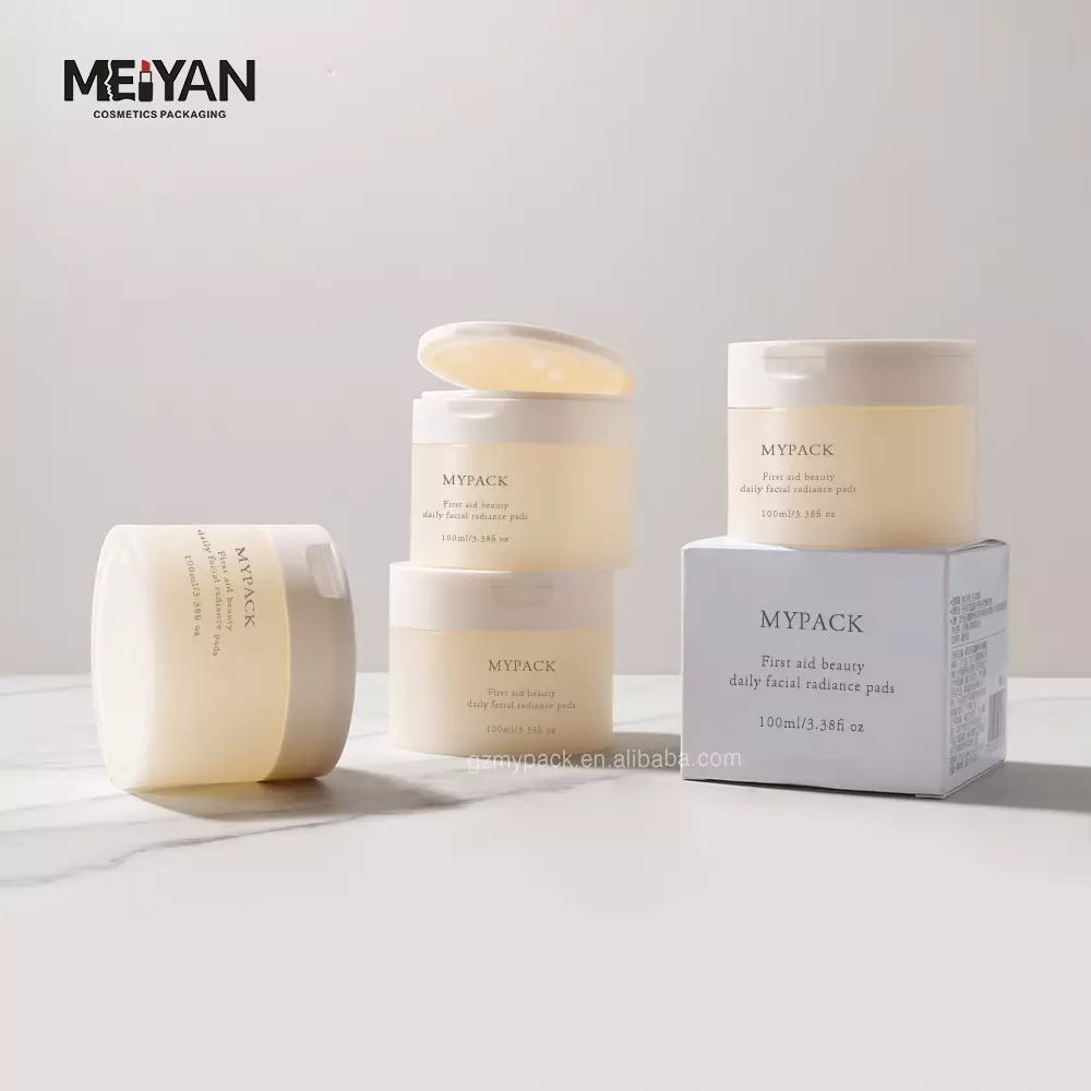 MYPACK luxury round matte pp empty light yellow face cleaning toner cotton pads containers jar with flip top cap 100g 120g