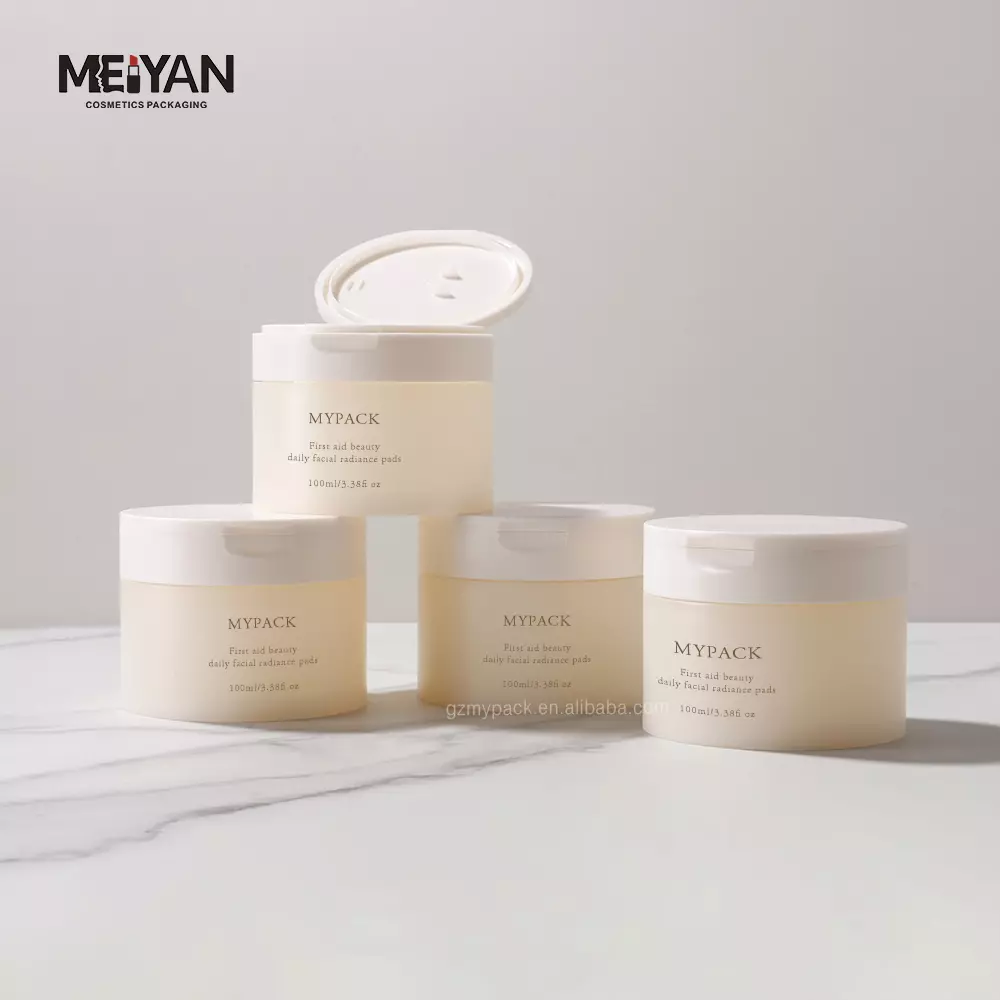 MYPACK luxury round matte pp empty light yellow face cleaning toner cotton pads containers jar with flip top cap 100g 120g