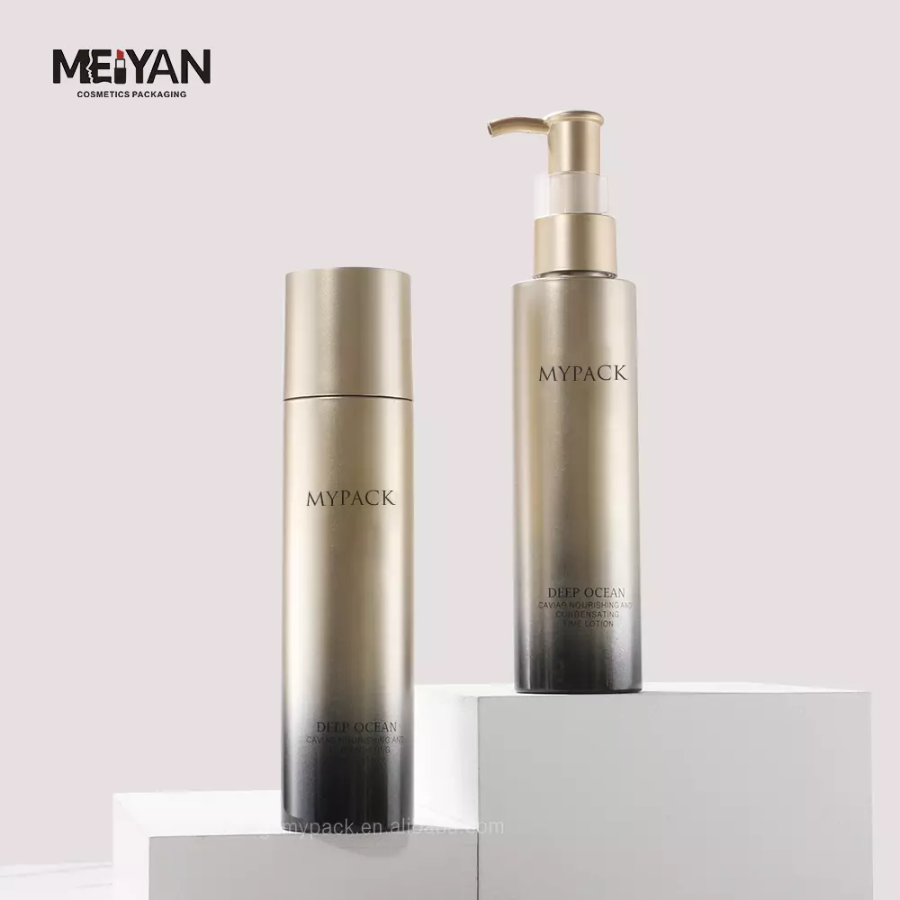 MYPACK custom empty pet plastic golden gradient facial toner lotion serum bottles cosmetic containers set 100ml 120ml