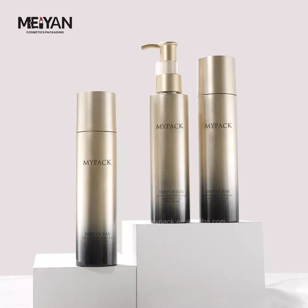 MYPACK custom empty pet plastic golden gradient facial toner lotion serum bottles cosmetic containers set 100ml 120ml