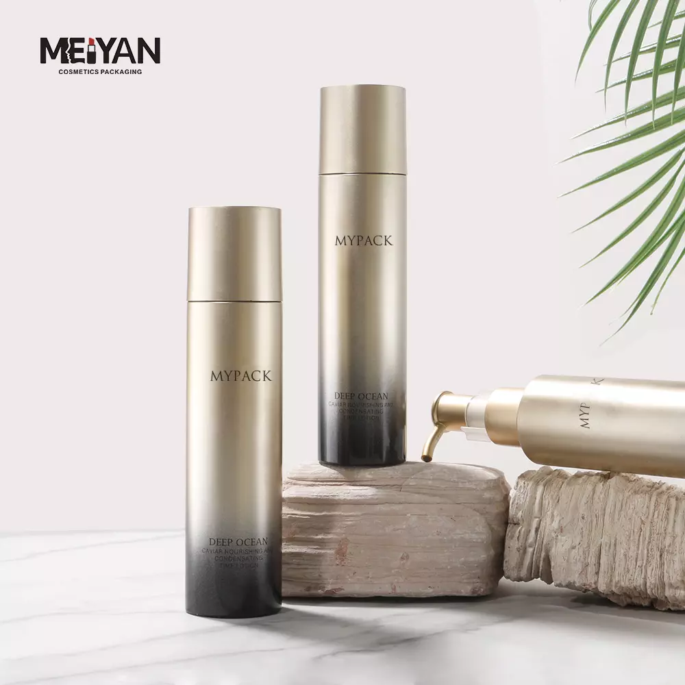 MYPACK custom empty pet plastic golden gradient facial toner lotion serum bottles cosmetic containers set 100ml 120ml