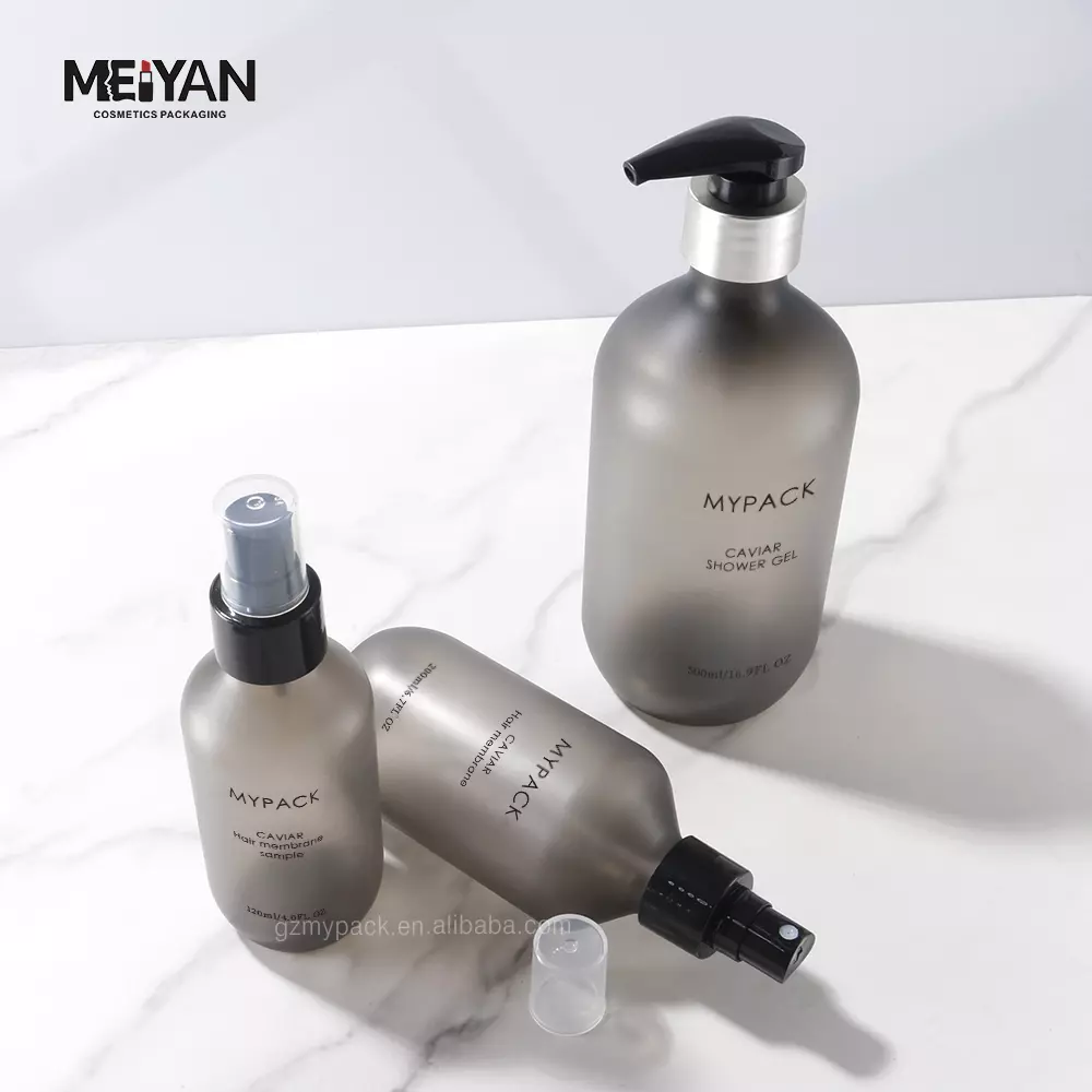 MYPACK luxury empty clear frosted grey pet plastic hair shampoo boston round bottle 500ml with trigger sprayer