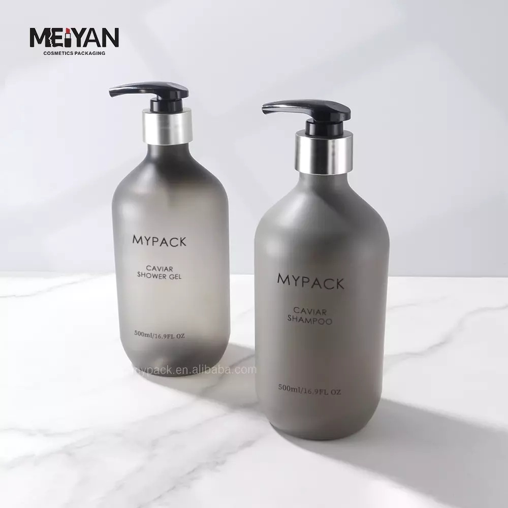 MYPACK luxury empty clear frosted grey pet plastic hair shampoo boston round bottle 500ml with trigger sprayer