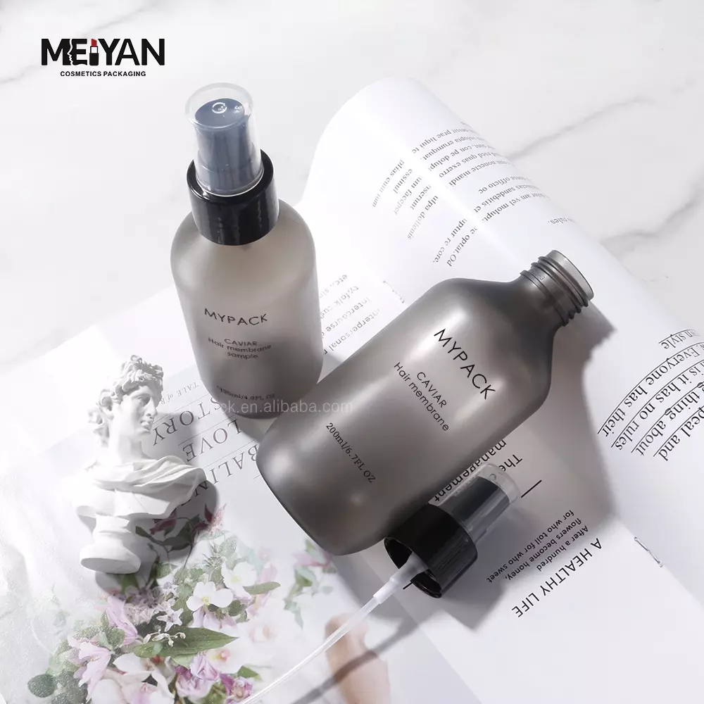 MYPACK luxury empty clear frosted grey pet plastic hair shampoo boston round bottle 500ml with trigger sprayer