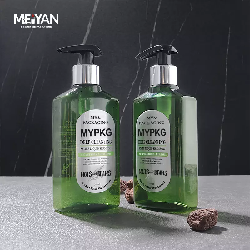 MYPACK customized clear green flat square empty pet plastic bottle with lotion pump 250 ml