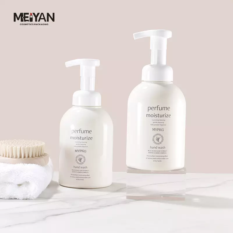 MYPACK cute beige pet plastic 500ml foam pump boston bottle cosmetic packaging skincare foaming facial wash bottle