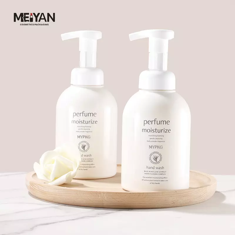 MYPACK cute beige pet plastic 500ml foam pump boston bottle cosmetic packaging skincare foaming facial wash bottle