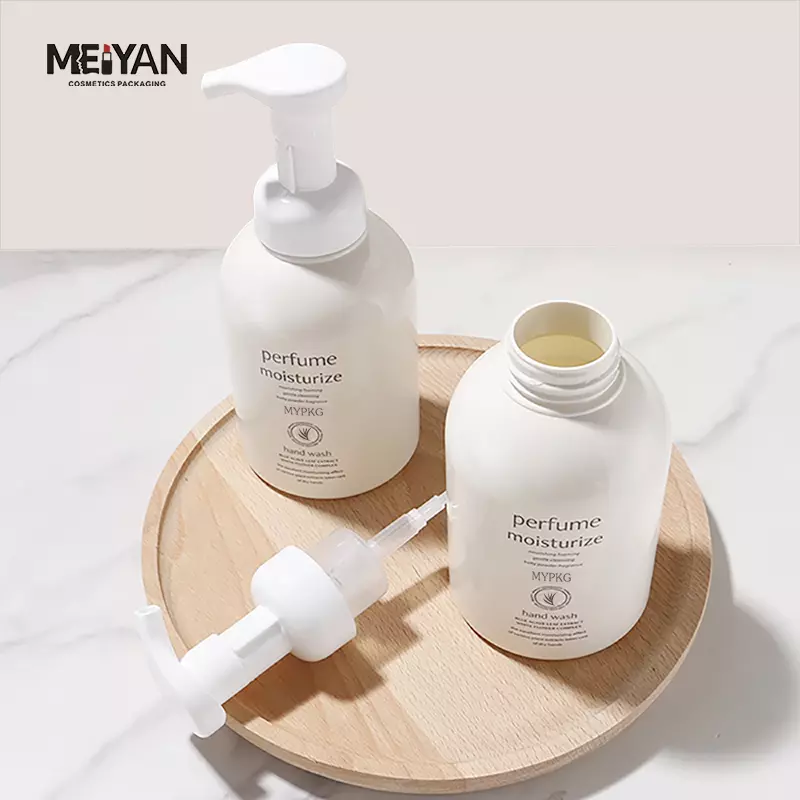 MYPACK cute beige pet plastic 500ml foam pump boston bottle cosmetic packaging skincare foaming facial wash bottle