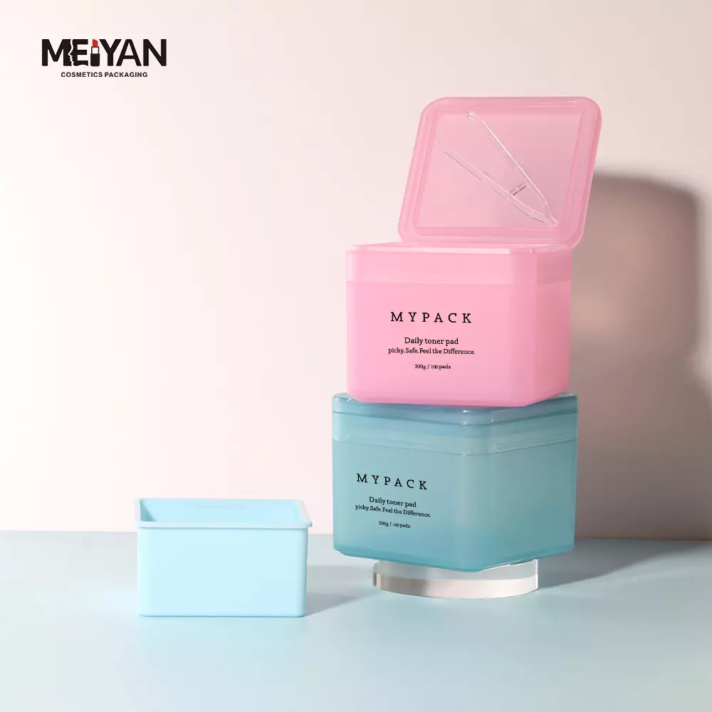 MYPACK empty replaceable 200g 300g square plastic cosmetic facial cleaning toner cotton pads containers jar with tweezer