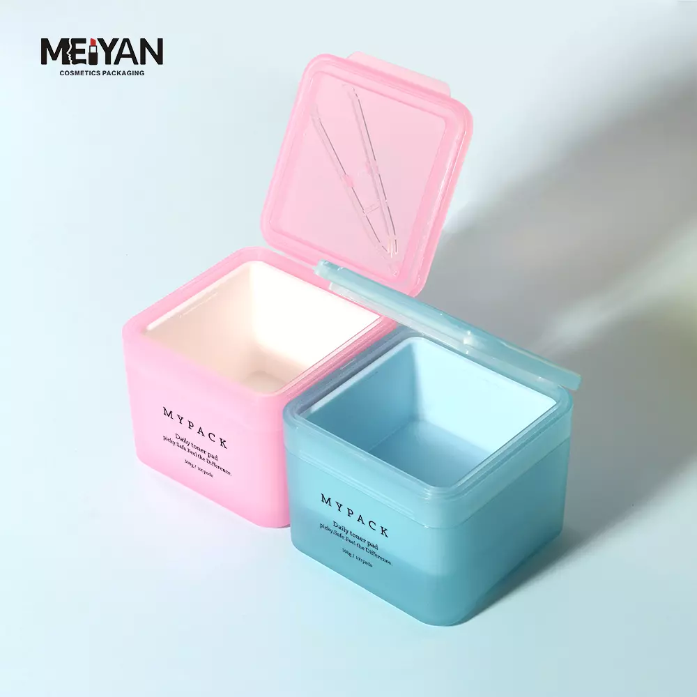 MYPACK refillable cosmetic square skin care toner pad jar 100 pads 300ml colored square toner pad container with tweezers