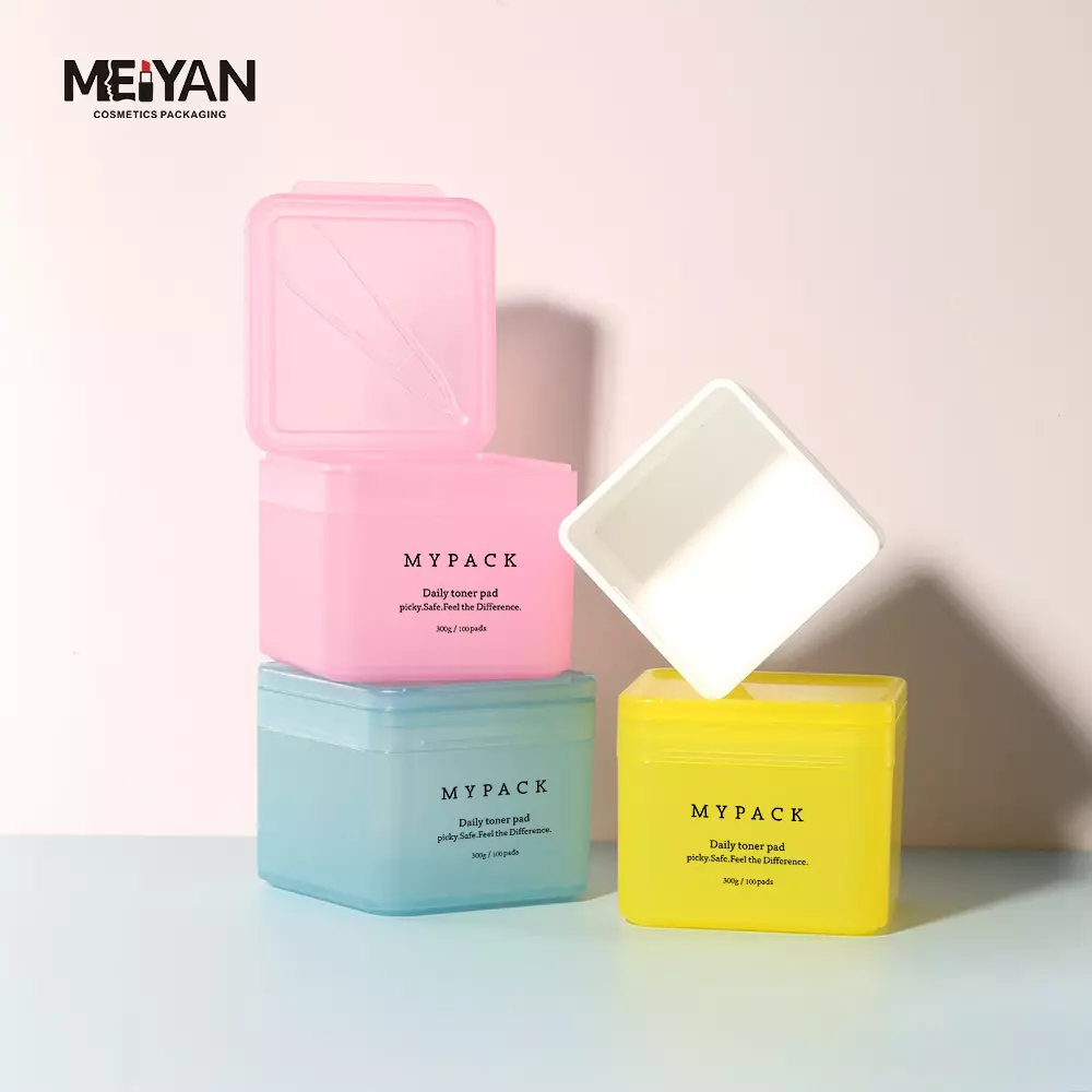 MYPACK refillable cosmetic square skin care toner pad jar 100 pads 300ml colored square toner pad container with tweezers