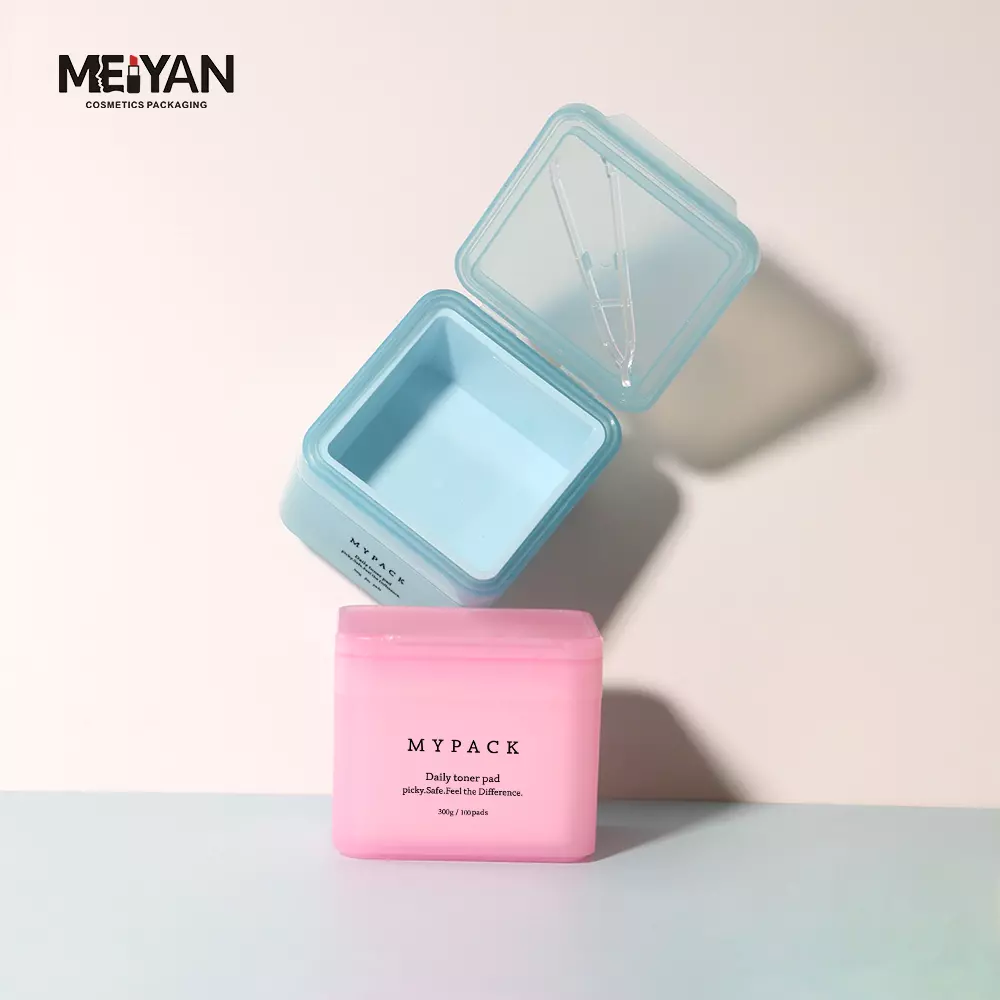 MYPACK empty replaceable 200g 300g square plastic cosmetic facial cleaning toner cotton pads containers jar with tweezer