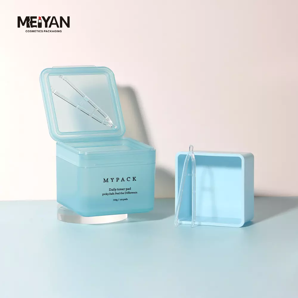 MYPACK refillable cosmetic square skin care toner pad jar 100 pads 300ml colored square toner pad container with tweezers