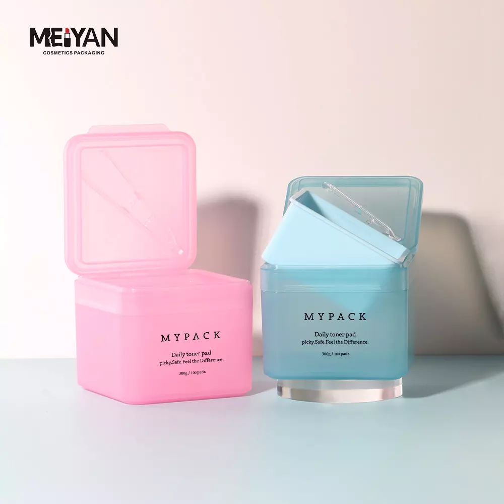 MYPACK empty replaceable 200g 300g square plastic cosmetic facial cleaning toner cotton pads containers jar with tweezer