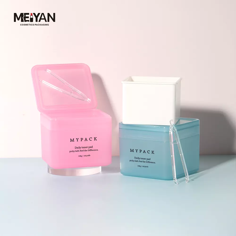 MYPACK empty replaceable 200g 300g square plastic cosmetic facial cleaning toner cotton pads containers jar with tweezer