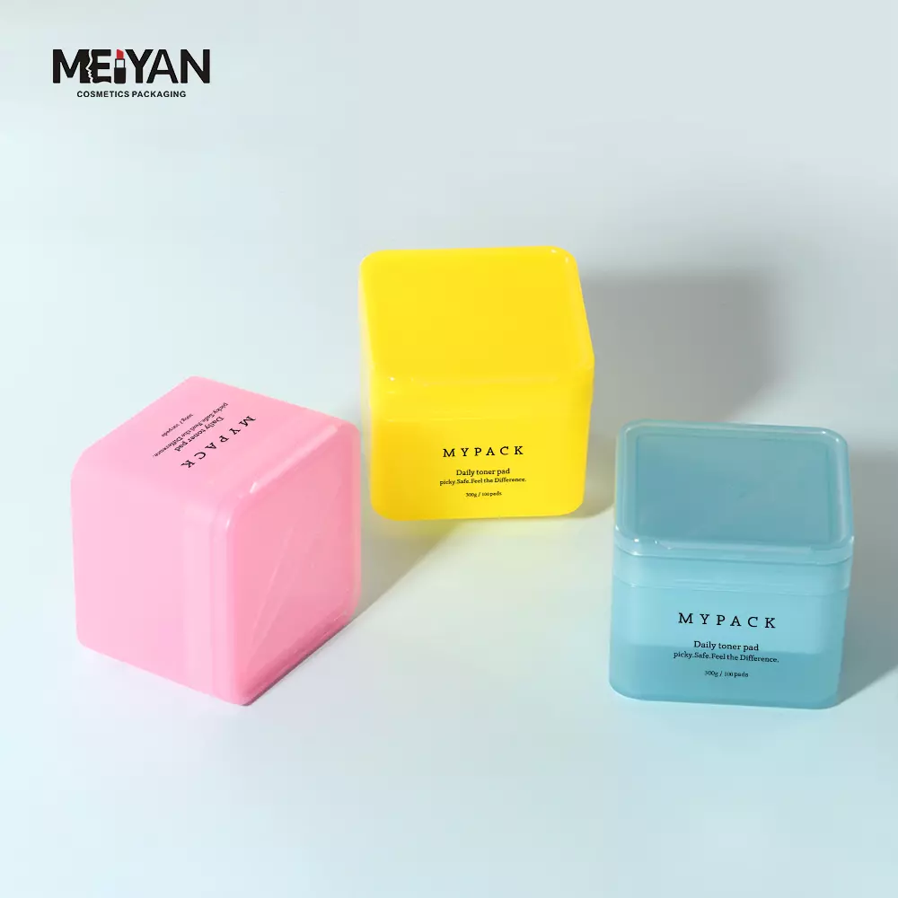 MYPACK empty replaceable 200g 300g square plastic cosmetic facial cleaning toner cotton pads containers jar with tweezer