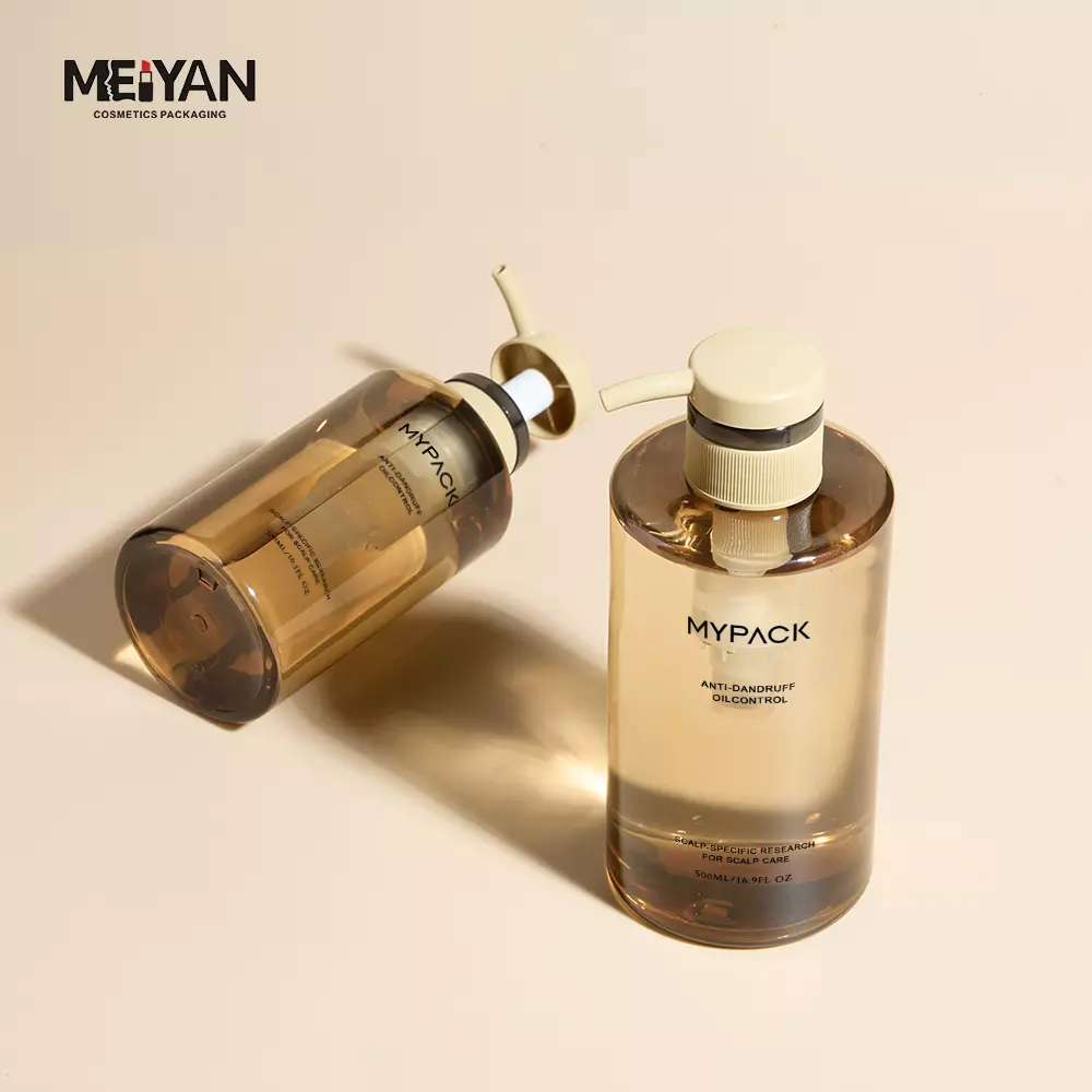 MYPACK custom pet 300ml 500ml flat shoulder clear amber bottle skincare hair body oil liquid packaging lotion bottle with pump