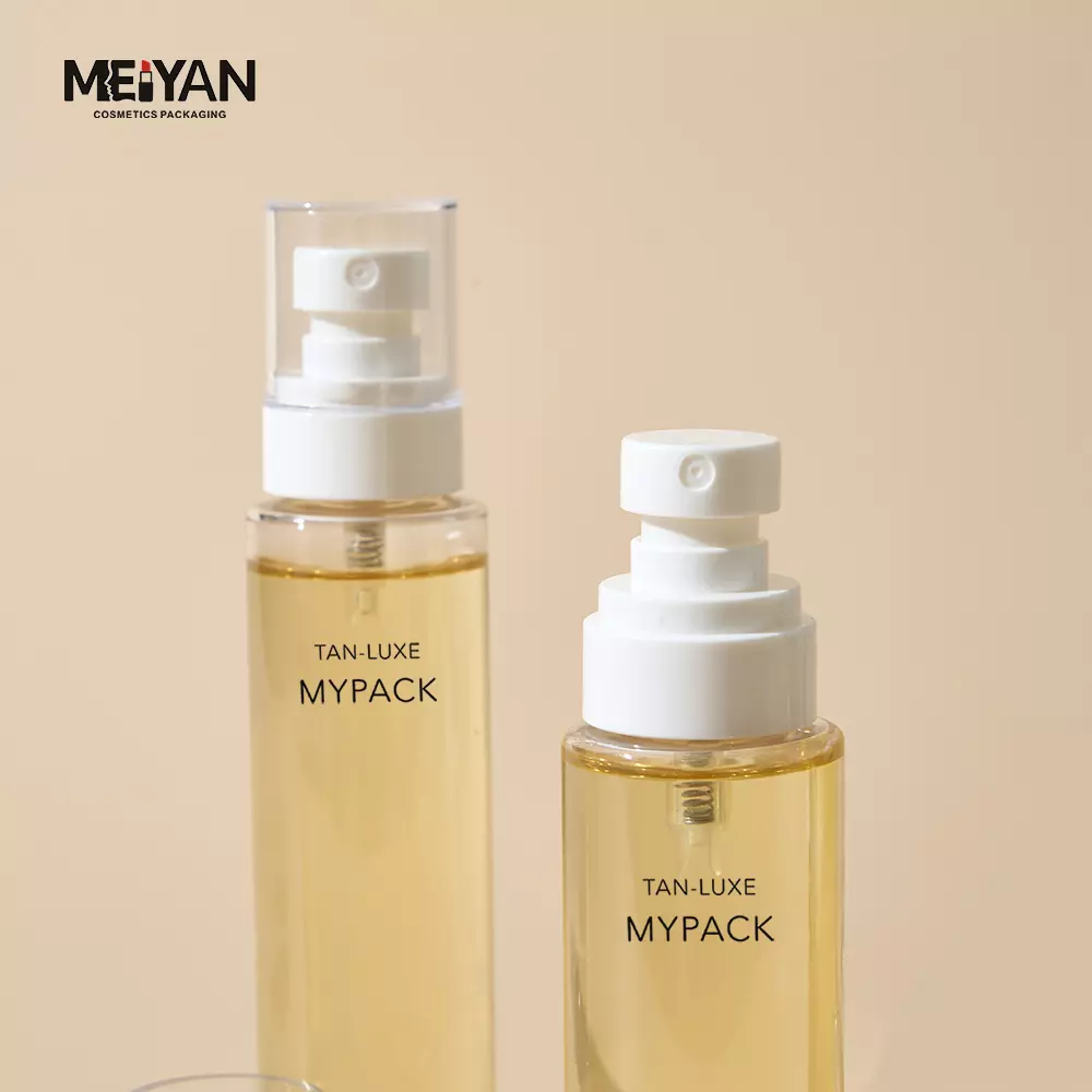 MYPACK transparent empty custom plastic pet body perfume bottles with pp mist spray caps lids 60ml 100ml 120ml