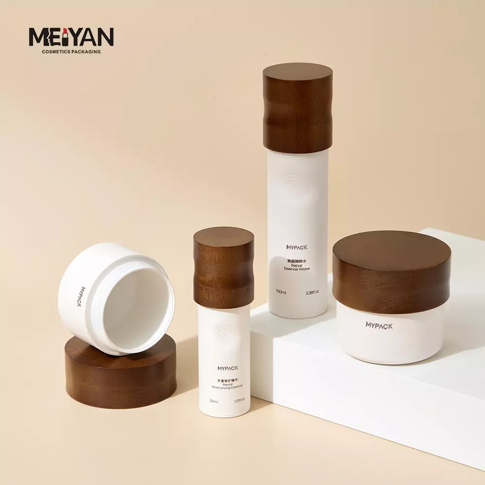 MYPACK biodegradable skin care cosmetic packaging lotion spray bottle cream jar container with wooden lid cover 30ml 50ml 100ml